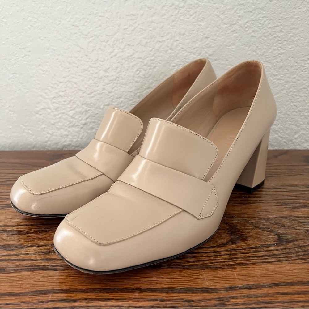 M. Gemi Beige Leather Block Heel Penny Loafers EU 42